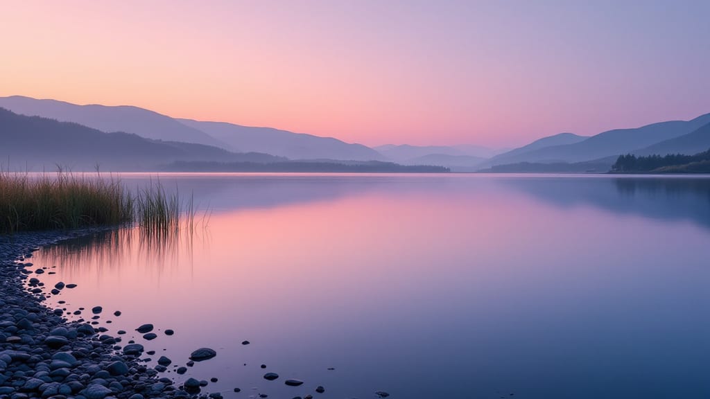 Lac calme au crepuscule, eaux degradees du corail a la lavande entre galets et hautes herbes, metaphore de ce que les chiffres montrent et de ce qu'ils laissent dans l'ombre