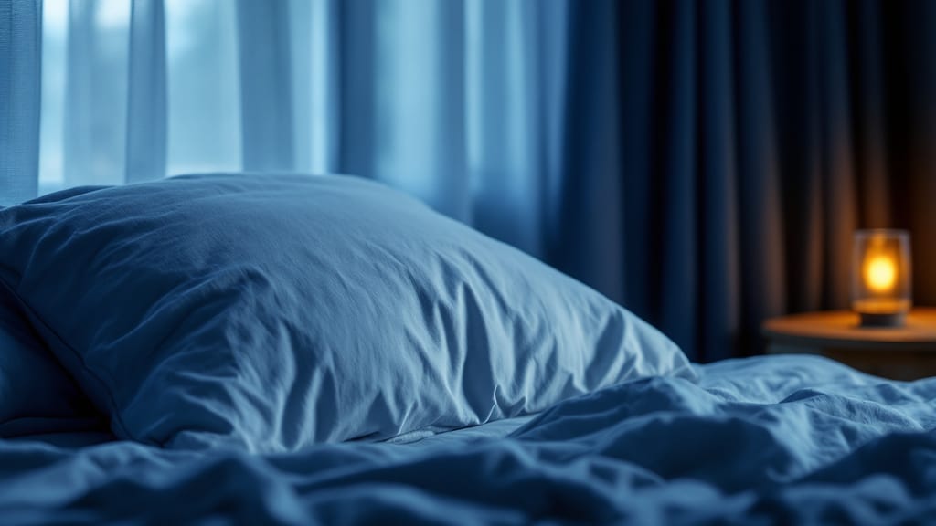Oreiller de lin froissé aux creux profonds sur un lit défait, baigné d'une lumière bleu nuit et d'un rideau léger à la fenêtre, métaphore des pensées qui reprennent une fois la lumière éteinte